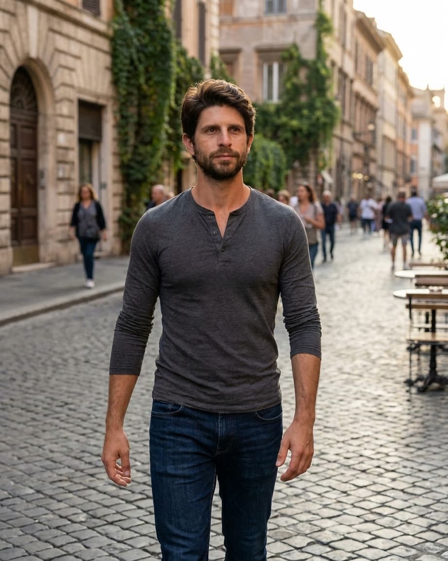 Customer 01's transformation — on a European city street