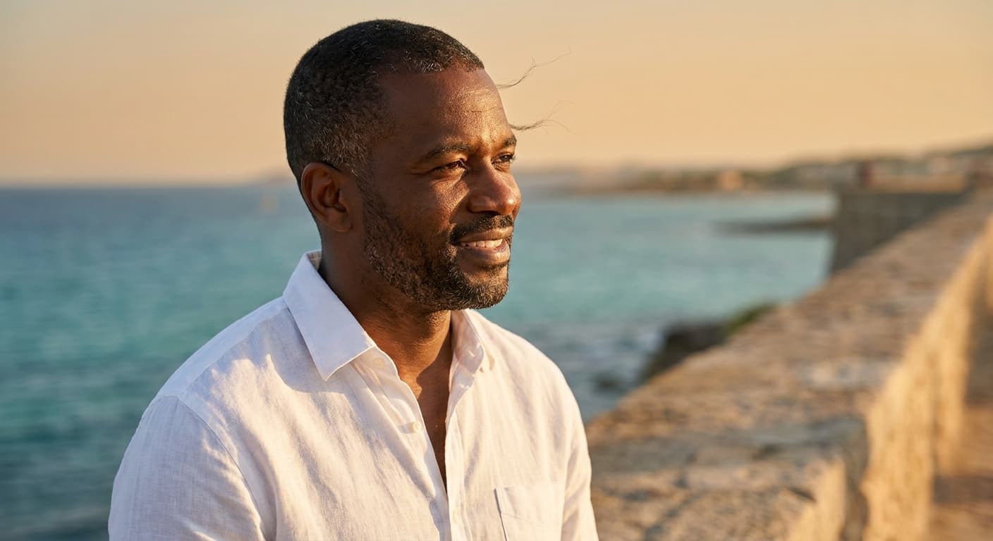 Black man on a coastal wall at golden hour