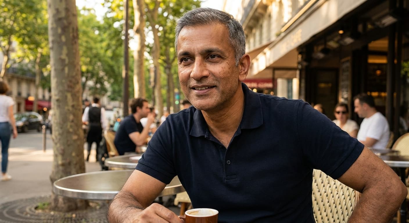 South Asian man at a Parisian cafe