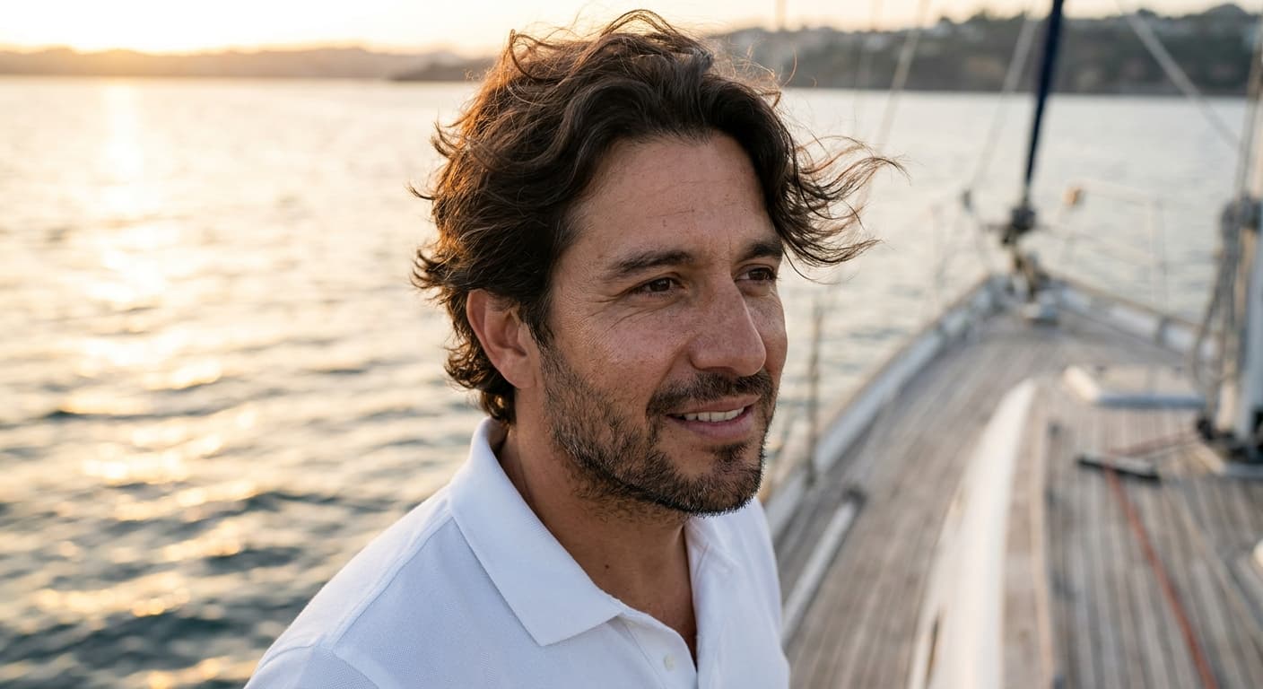 Latin man on a sailboat at sunset