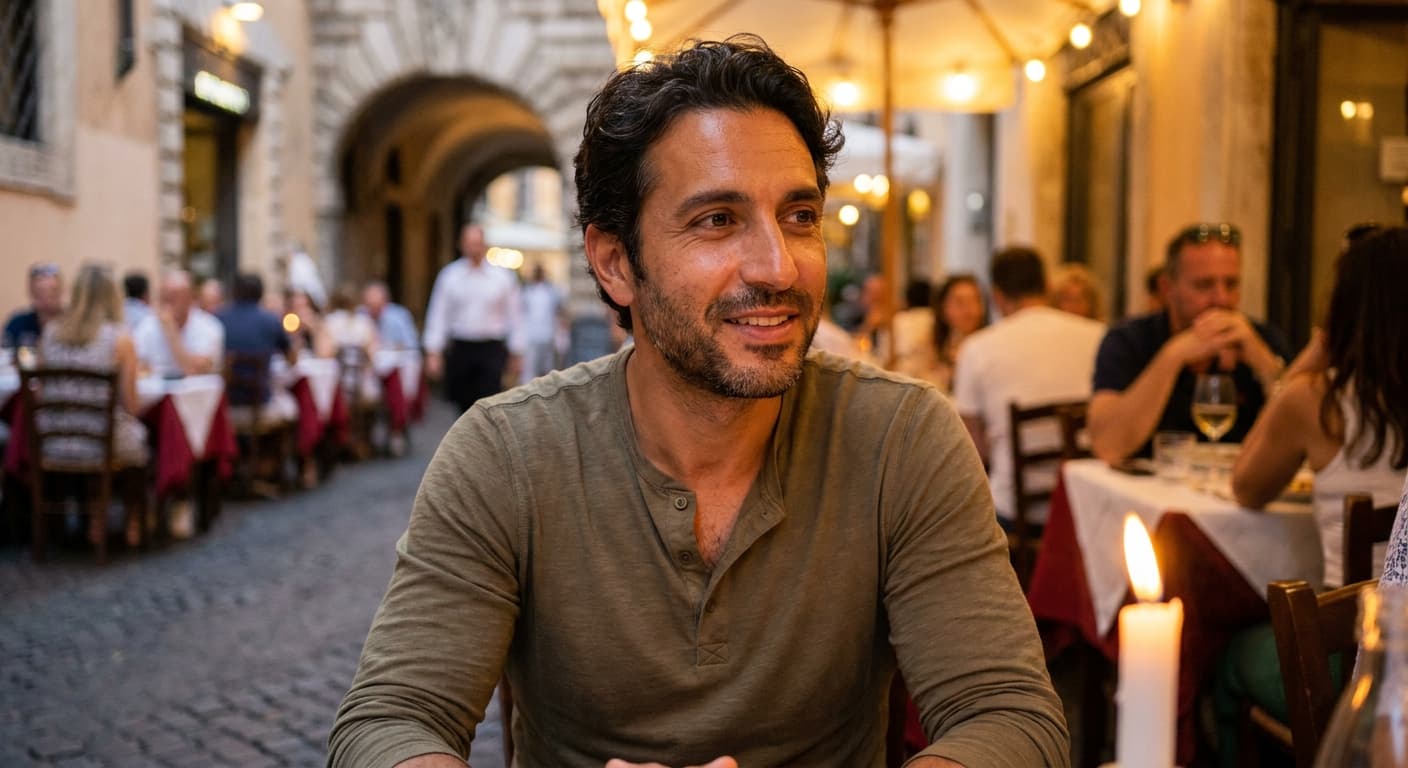 Mixed-ethnicity man at a candlelit restaurant