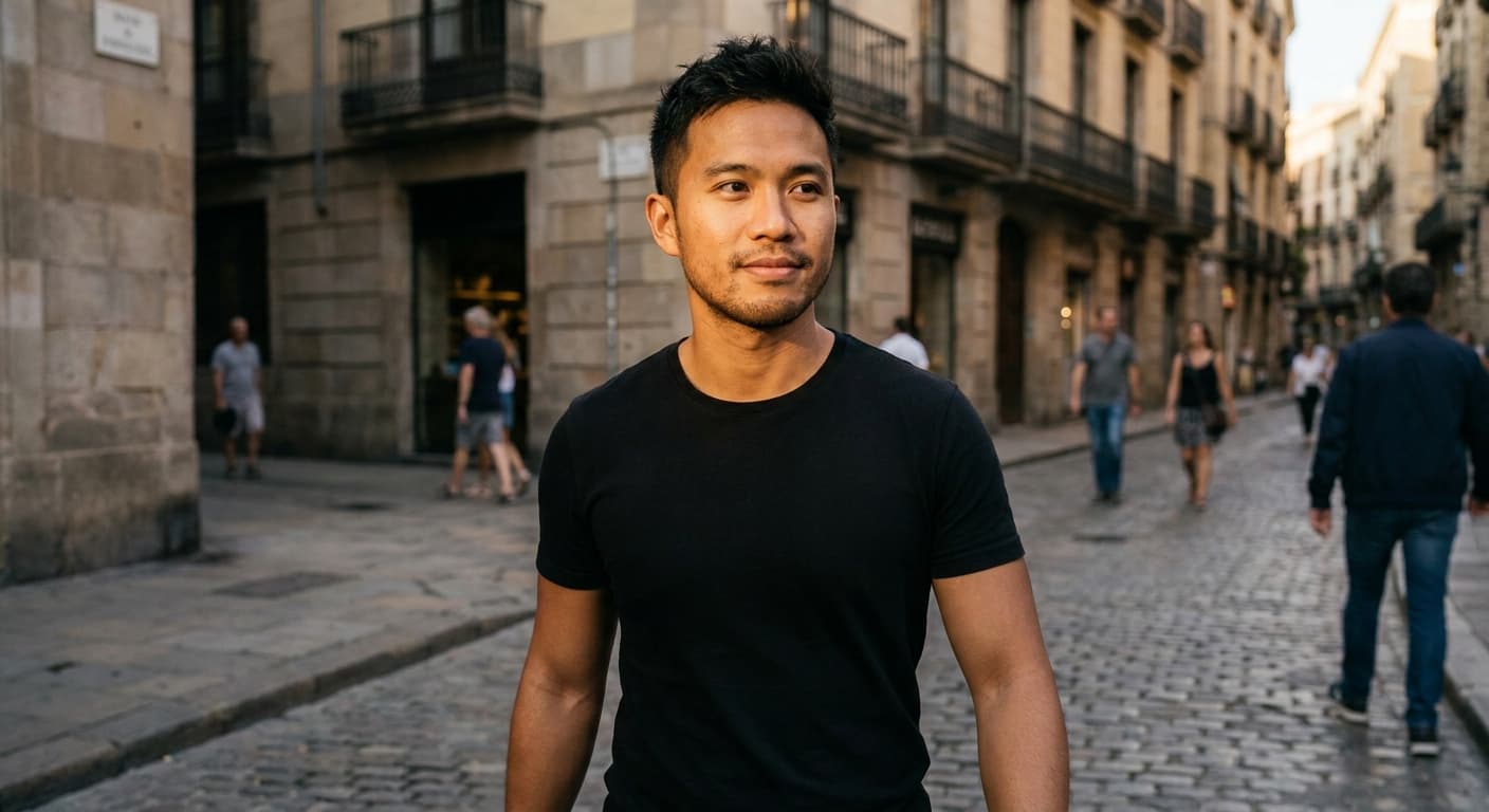 Younger Asian man on a European street