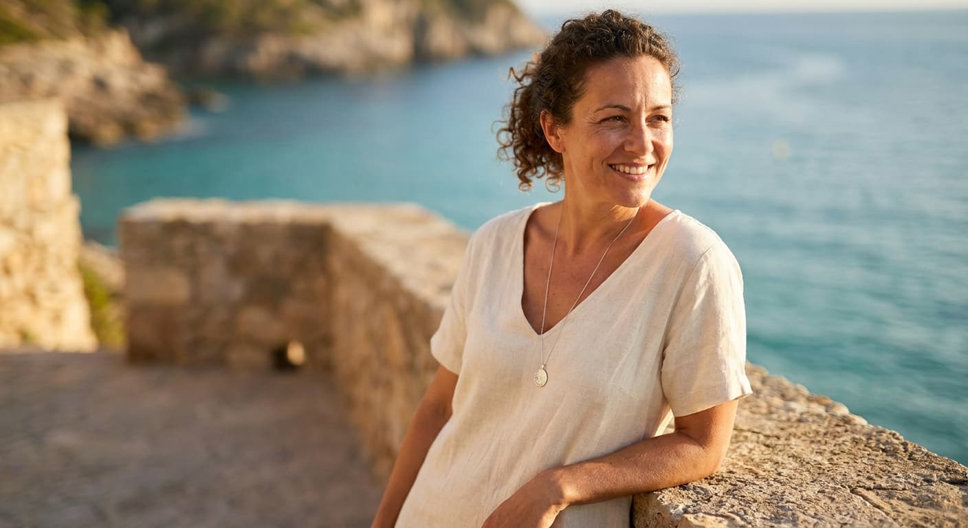 Black woman on a coastal wall at golden hour