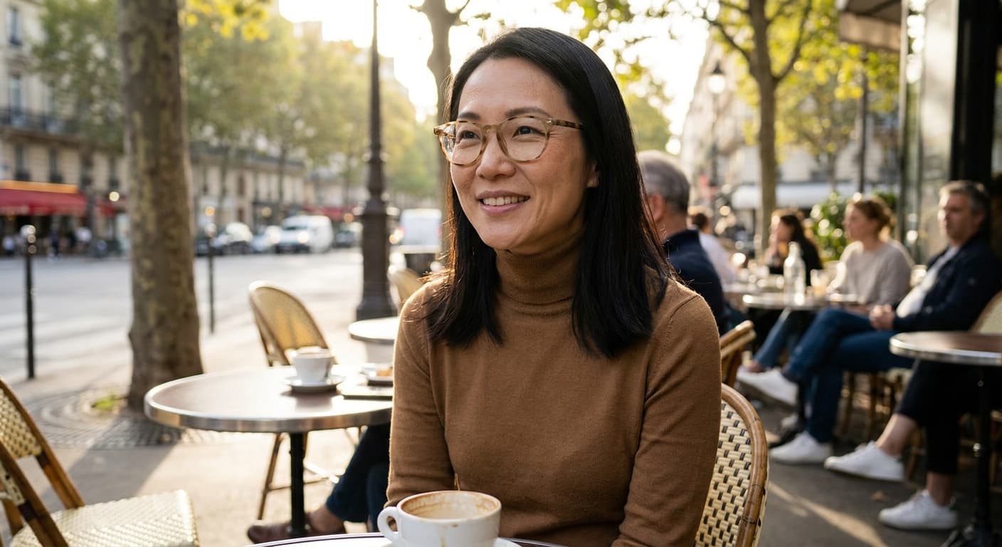 Asian woman with glasses at a Parisian cafe