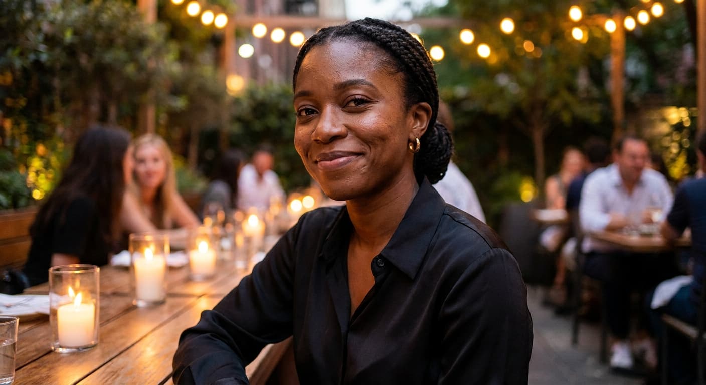Black woman at a candlelit restaurant